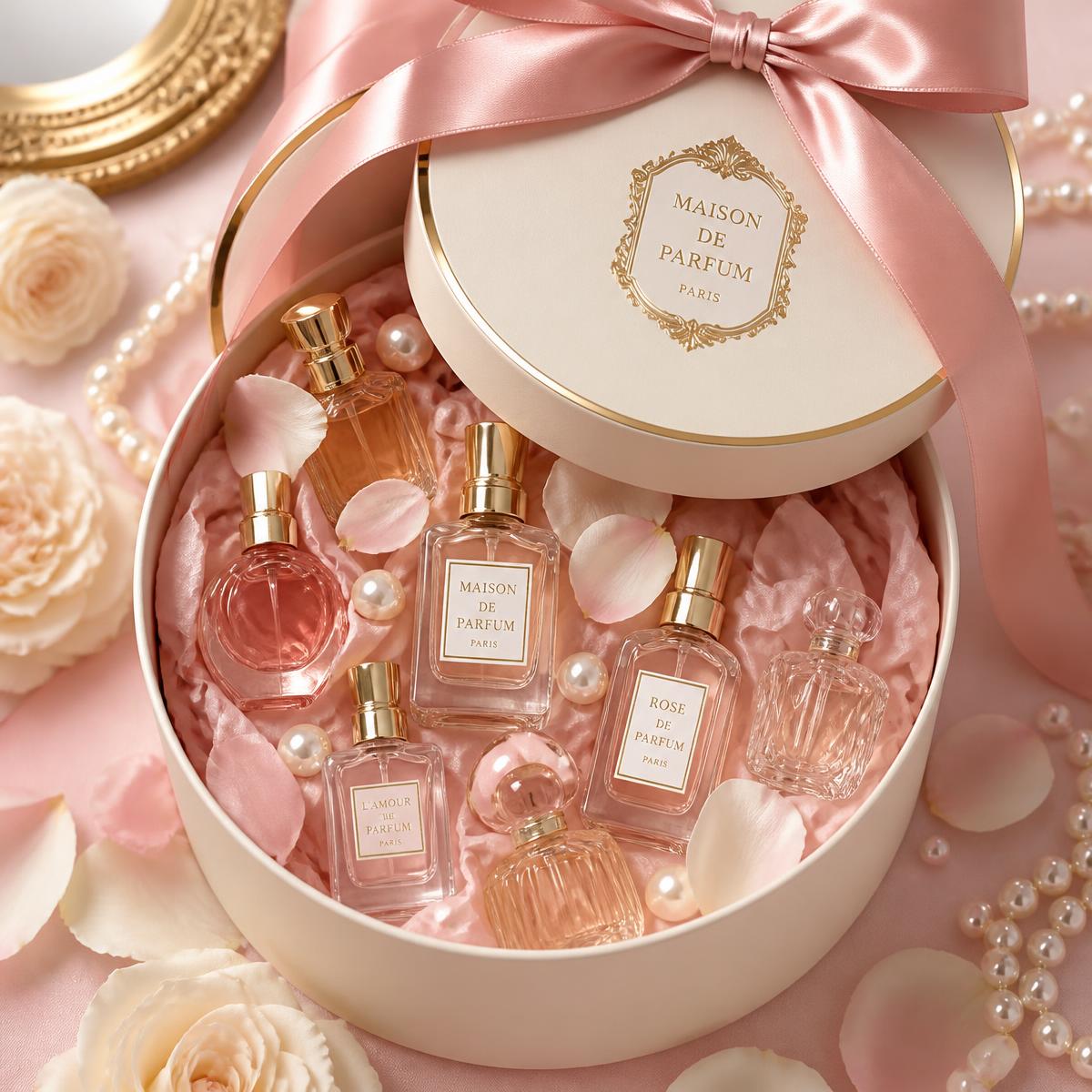 Cream hatbox tied with a pink silk ribbon filled with miniature perfume bottles