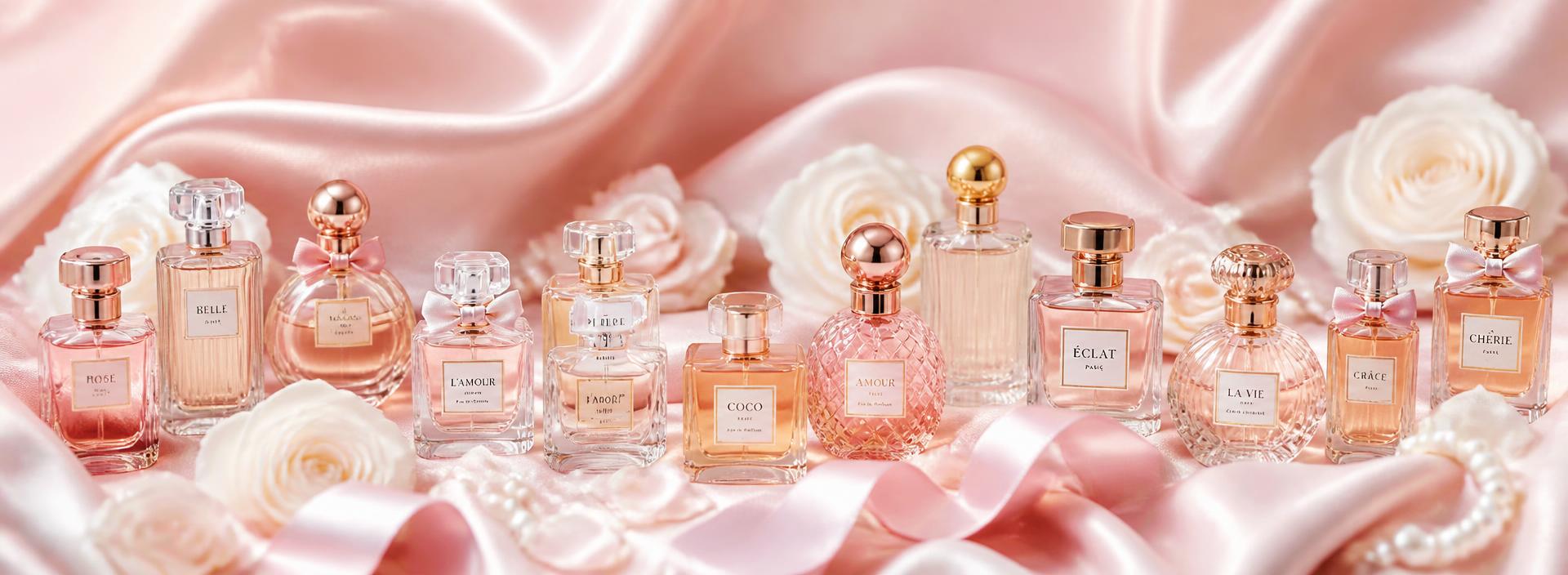 Rows of miniature perfume bottles on blush pink silk