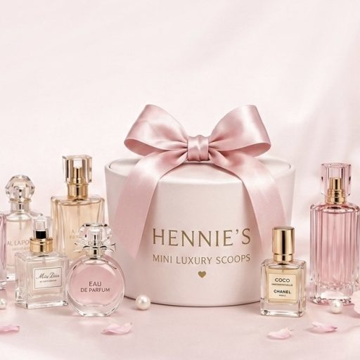 Miniature designer perfume bottles with a pink satin bow beside a silk ribboned luxury hatbox